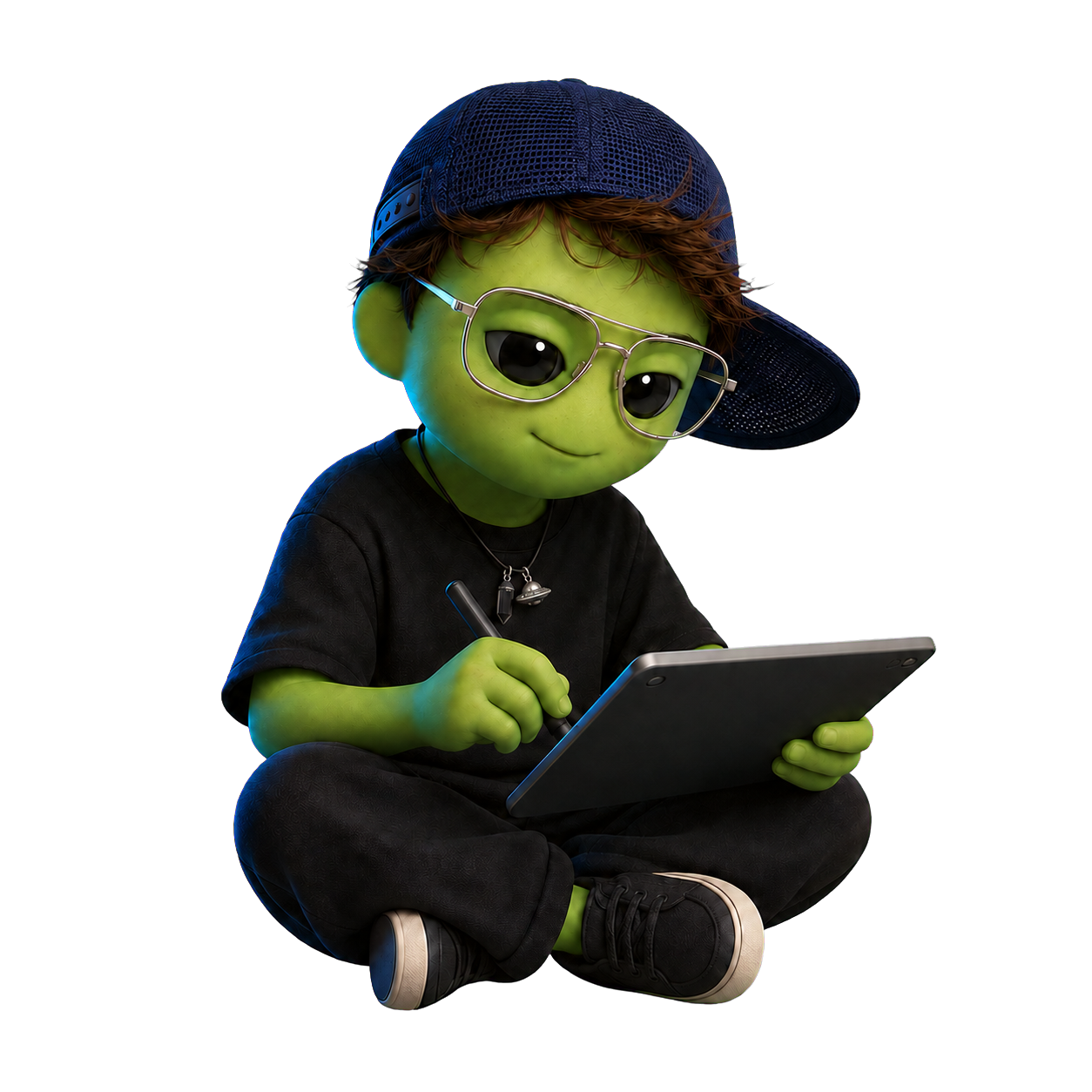 Personaje alien de aleugeeennie diseñando en una tableta